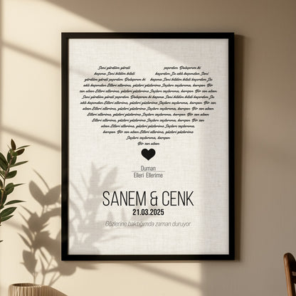 Kişileştirilebilir Keten Şarkı Sözü Posteri | Keten Doku Üzerine Özel İsim, Tarih ve Şarkı Tasarımı | Düğün, Yıldönümü ve Sevgililer Günü için Zarif Duvar Sanatı