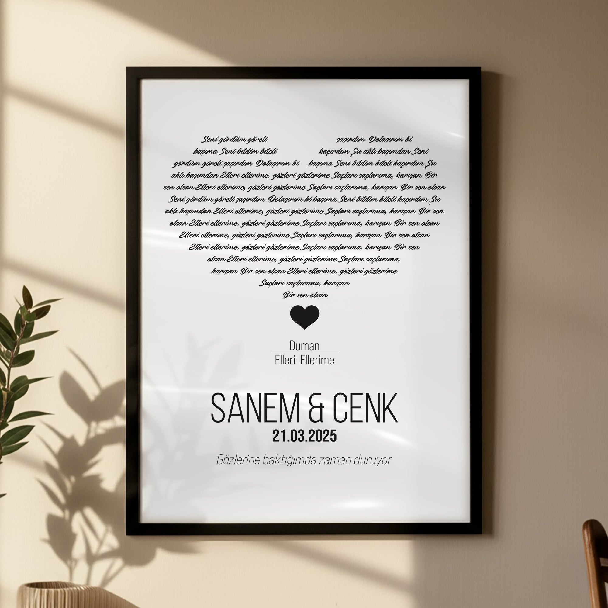 Kişileştirilebilir Şarkı Sözü Posteri | Özel İsim, Tarih ve Şarkı ile Tasarlanan Kağıt Duvar Sanatı | Yıldönümü, Düğün, Nişan ve Romantik Anılar İçin