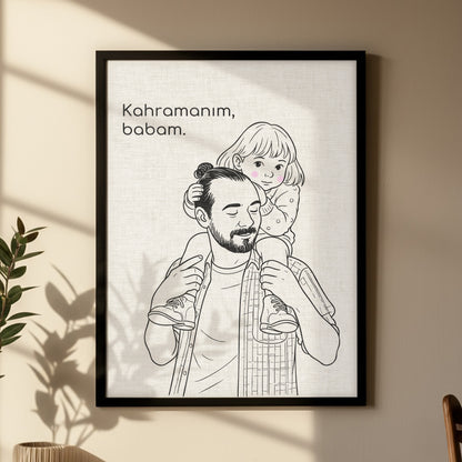 Kişileştirilebilir Keten Baba ve Çocuk İllüstrasyon Posteri | Fotoğraftan Çizim Portre | Babalar Günü, Doğum Günü ve Özel Anlar İçin Benzersiz Duvar Sanatı