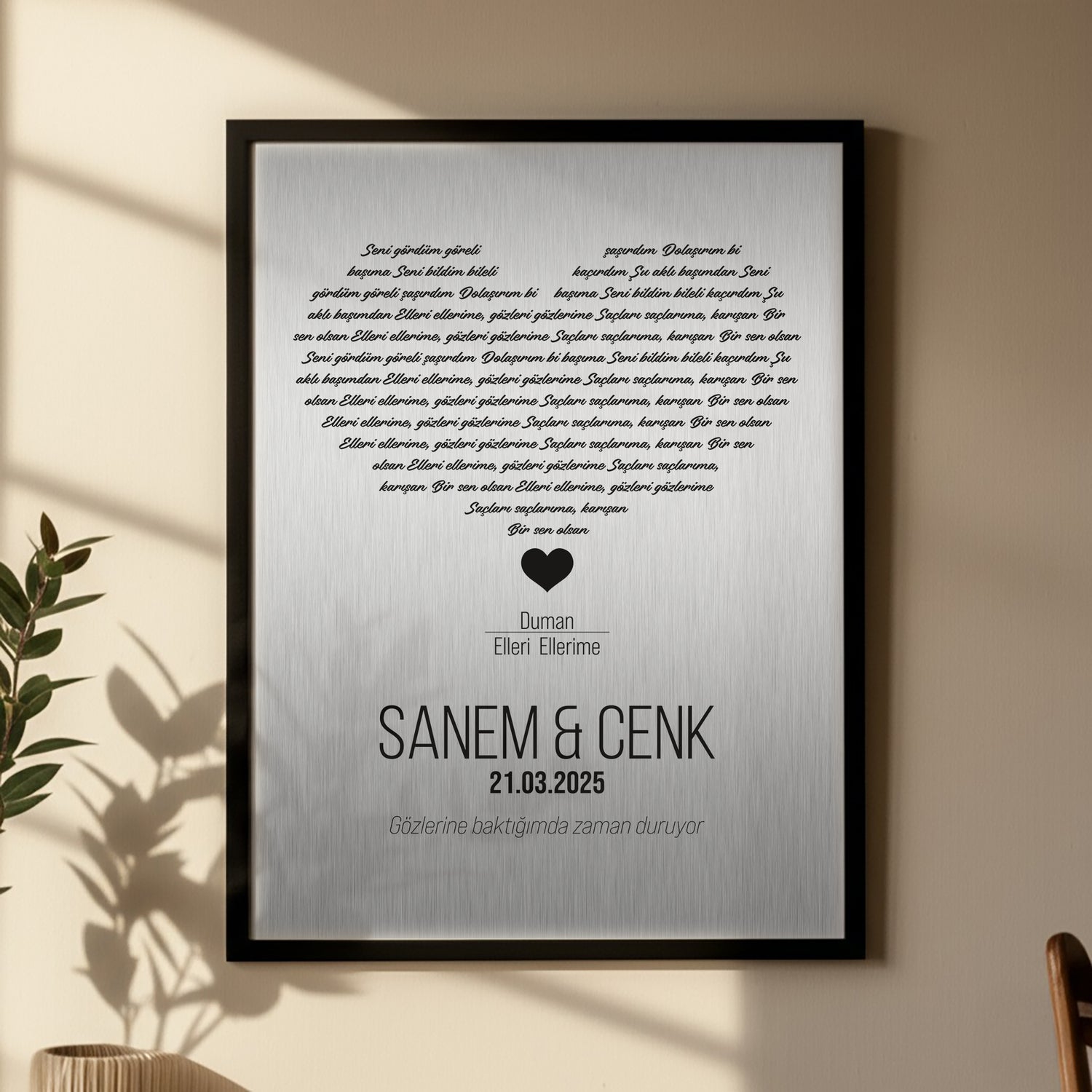 Kişileştirilebilir Gümüş veya Altın Folyo Şarkı Sözü Posteri | Özel İsim, Tarih ve Şarkı ile Hazırlanan Duvar Sanatı | Düğün, Yıldönümü ve Romantik Hediye
