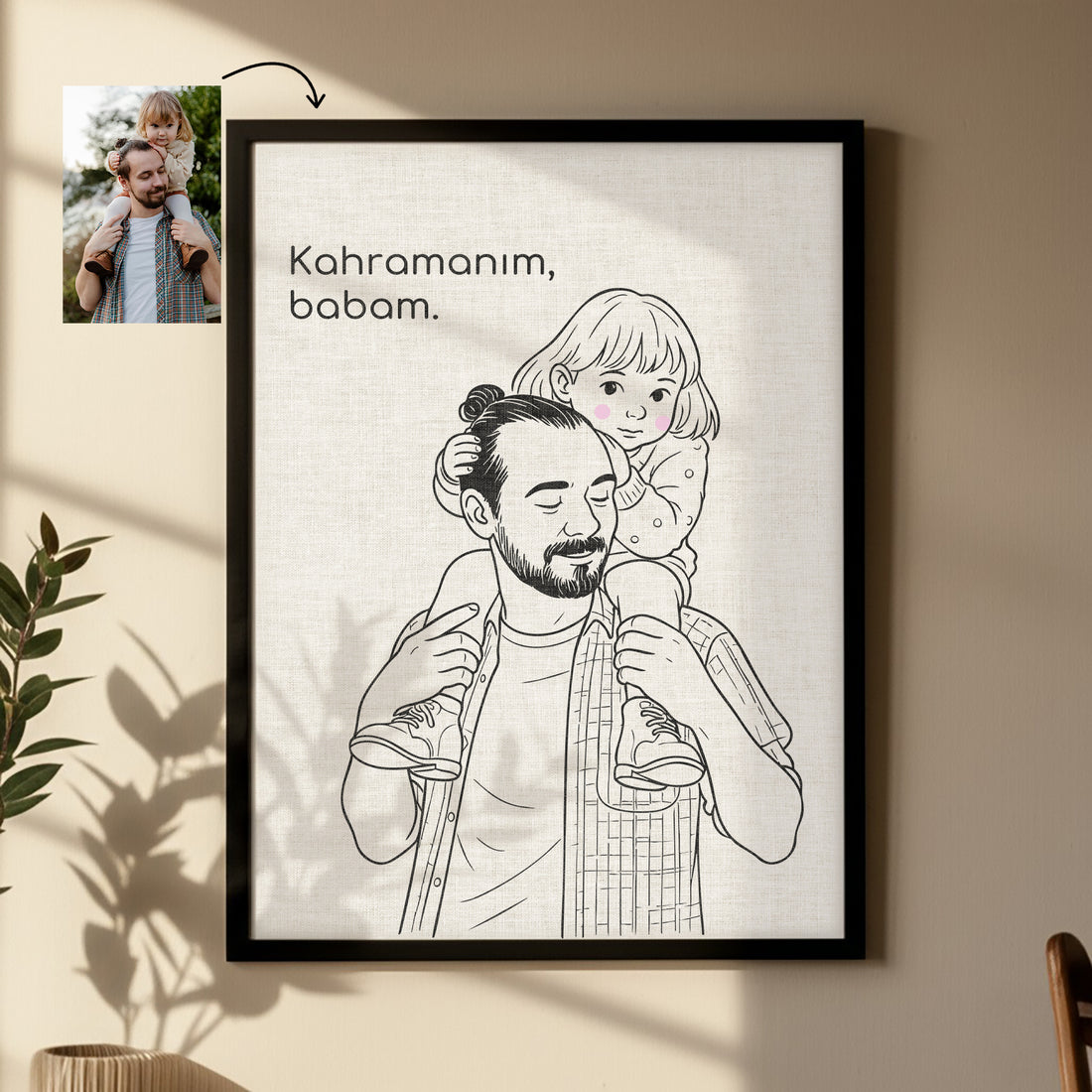 Kişileştirilebilir Keten Baba ve Çocuk İllüstrasyon Posteri | Fotoğraftan Çizim Portre | Babalar Günü, Doğum Günü ve Özel Anlar İçin Benzersiz Duvar Sanatı