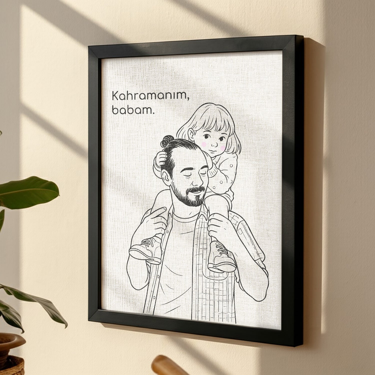 Kişileştirilebilir Keten Baba ve Çocuk İllüstrasyon Posteri | Fotoğraftan Çizim Portre | Babalar Günü, Doğum Günü ve Özel Anlar İçin Benzersiz Duvar Sanatı