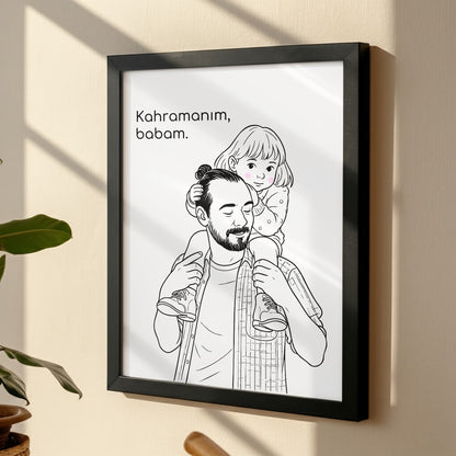 Kişileştirilebilir Kağıt Baba ve Çocuk İllüstrasyon Posteri | Fotoğraftan Çizim Portre | Babalar Günü, Doğum Günü ve Özel Anlar İçin Benzersiz Duvar Sanatı