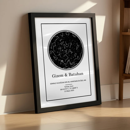 Kişileştirilebilir Kağıt Yıldız Haritası Posteri | Özel Tarih, Konum ve İsimlerle Hazırlanan Kağıt Duvar Sanatı | Yıldönümü, Düğün, Sevgililer Günü ve Romantik Anılar İçin