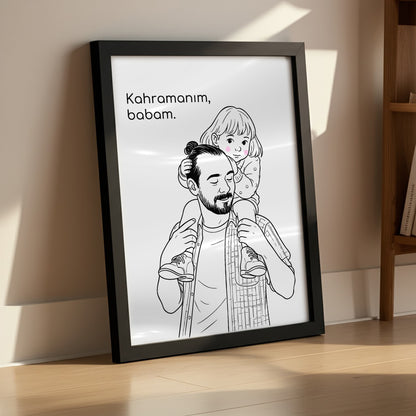 Kişileştirilebilir Kağıt Baba ve Çocuk İllüstrasyon Posteri | Fotoğraftan Çizim Portre | Babalar Günü, Doğum Günü ve Özel Anlar İçin Benzersiz Duvar Sanatı