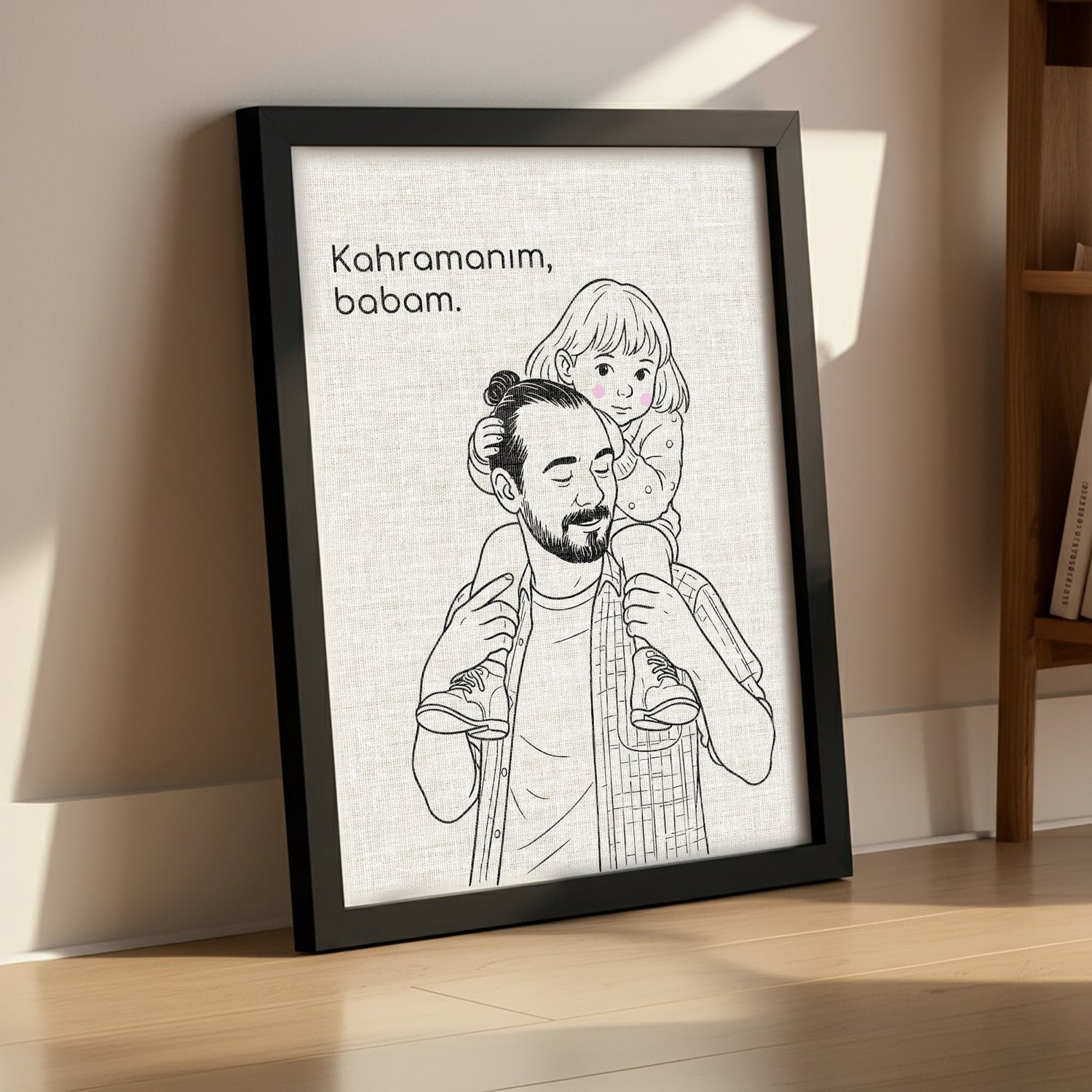 Kişileştirilebilir Keten Baba ve Çocuk İllüstrasyon Posteri | Fotoğraftan Çizim Portre | Babalar Günü, Doğum Günü ve Özel Anlar İçin Benzersiz Duvar Sanatı