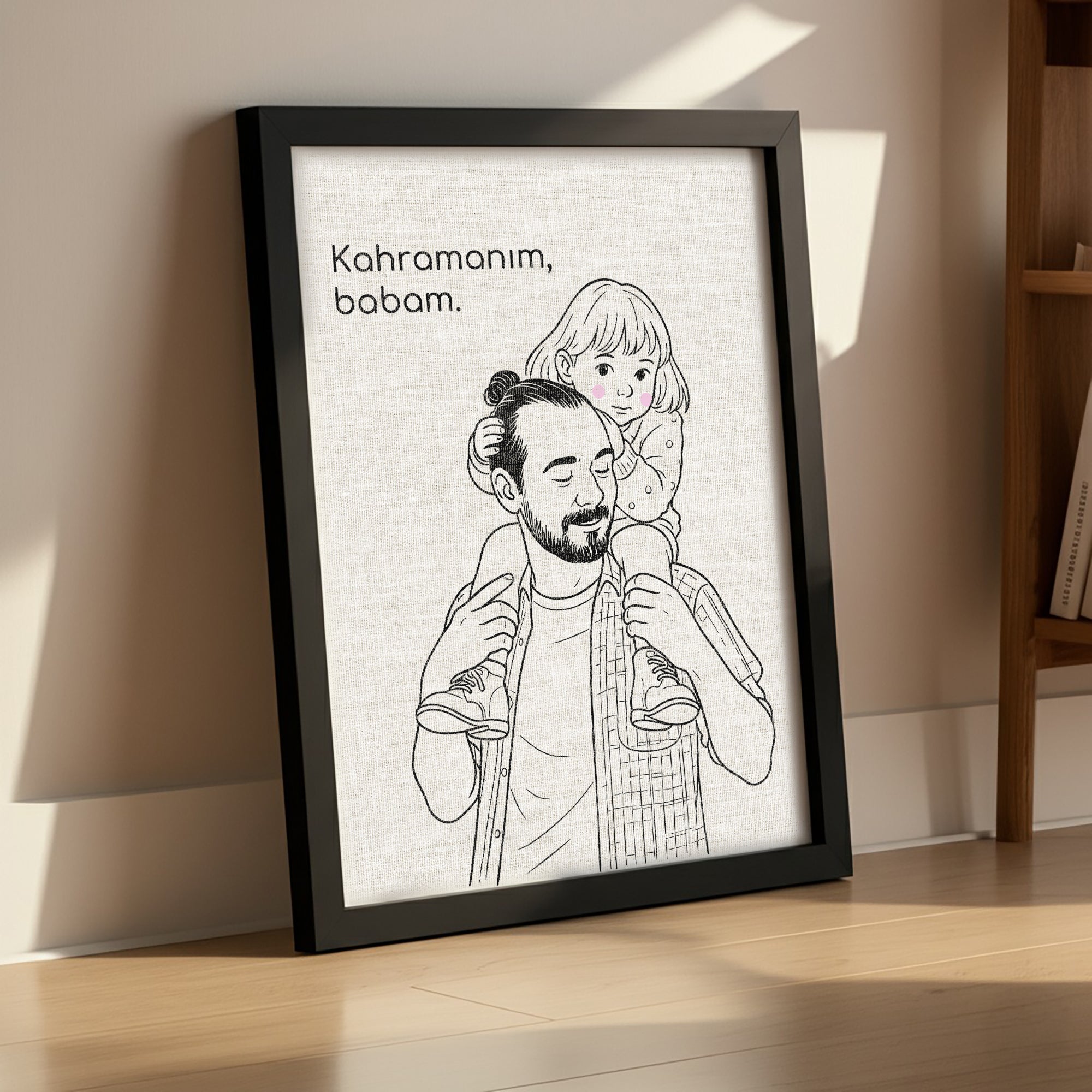 Kişileştirilebilir Keten Baba ve Çocuk İllüstrasyon Posteri | Fotoğraftan Çizim Portre | Babalar Günü, Doğum Günü ve Özel Anlar İçin Benzersiz Duvar Sanatı