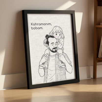 Kişileştirilebilir Keten Baba ve Çocuk İllüstrasyon Posteri | Fotoğraftan Çizim Portre | Babalar Günü, Doğum Günü ve Özel Anlar İçin Benzersiz Duvar Sanatı