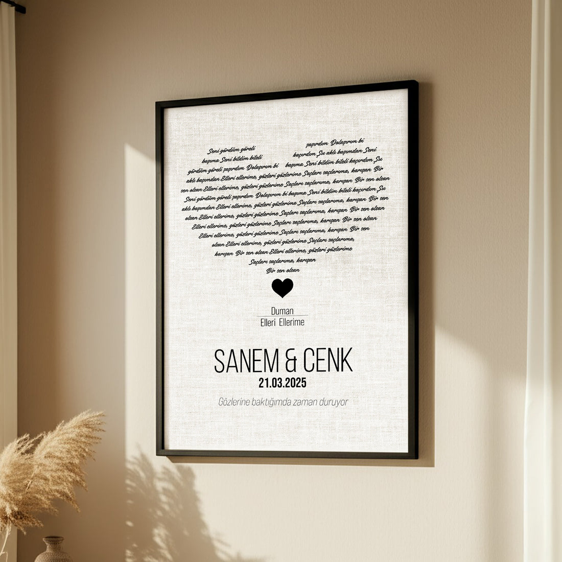 Kişileştirilebilir Keten Şarkı Sözü Posteri | Keten Doku Üzerine Özel İsim, Tarih ve Şarkı Tasarımı | Düğün, Yıldönümü ve Sevgililer Günü için Zarif Duvar Sanatı