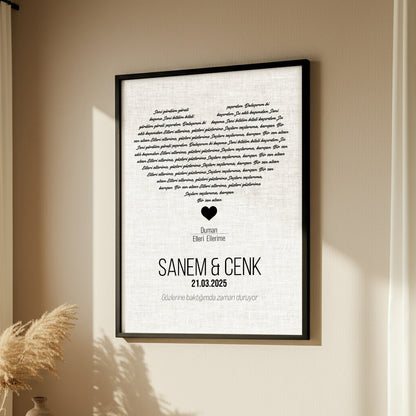 Kişileştirilebilir Keten Şarkı Sözü Posteri | Keten Doku Üzerine Özel İsim, Tarih ve Şarkı Tasarımı | Düğün, Yıldönümü ve Sevgililer Günü için Zarif Duvar Sanatı