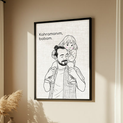 Kişileştirilebilir Keten Baba ve Çocuk İllüstrasyon Posteri | Fotoğraftan Çizim Portre | Babalar Günü, Doğum Günü ve Özel Anlar İçin Benzersiz Duvar Sanatı