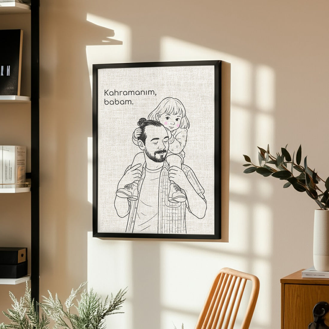 Kişileştirilebilir Keten Baba ve Çocuk İllüstrasyon Posteri | Fotoğraftan Çizim Portre | Babalar Günü, Doğum Günü ve Özel Anlar İçin Benzersiz Duvar Sanatı